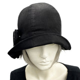 Black linen Cloche Hat 1920s Vintage style with pleated brim and chiffon rose brooch 