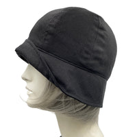 Black linen Cloche Hat 1920s Vintage style with pleated brim and chiffon rose brooch Boston Millinery 