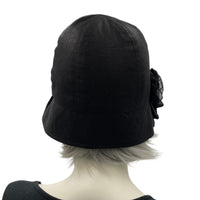 Black linen Cloche Hat 1920s Vintage style with pleated brim and chiffon rose brooch rear view