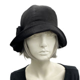 Boston Millinery's Polly Cloche hat 1920s style shown here in black color linen accented with  Edit alt text
