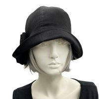 Black linen Cloche Hat 1920s Vintage style with pleated brim and chiffon rose brooch  front view