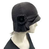Black linen Cloche Hat 1920s Vintage style with pleated brim and chiffon rose brooch side view