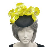 Black and Yellow orchid Flower Fascinator top front view