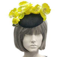 Black and Yellow orchid Flower Fascinator front view