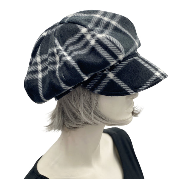 Black and white check fleece newsboy 