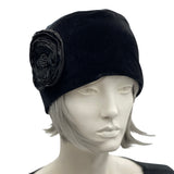Simple black velvet toque with satin and lace flower brooch