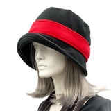 Bucket Hat Black Fleece with Red band Boston Millinery side view