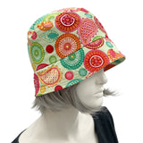 Small Brim Bucket Hat in Summer-weight Cotton green red orange vibrant print garden hat 