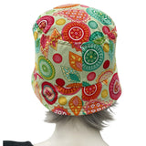 Small Brim Bucket Hat in Summer-weight Cotton green red orange vibrant print garden hat rear view