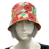 Small Brim Bucket Hat in Summer-weight Cotton green red orange vibrant print garden hat  front view