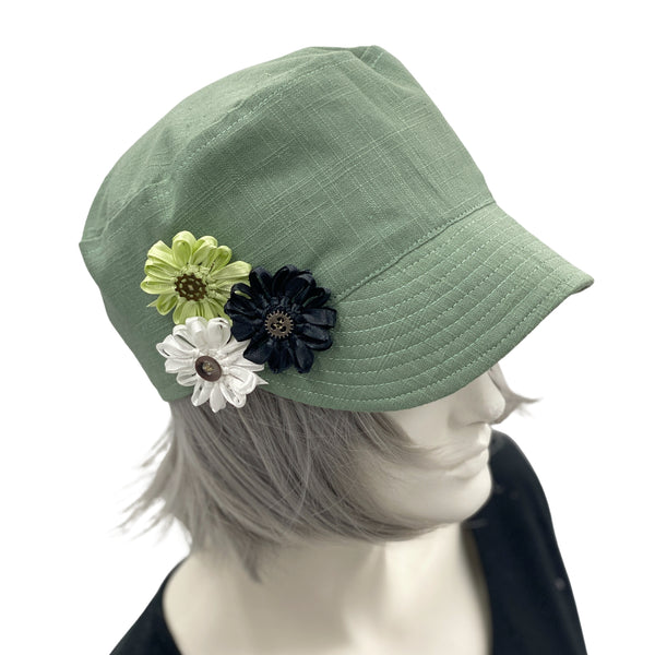 Linen Cadet Cap with Ribbon Flowers handmade Boston Millinery