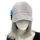 Polly Cloche cap in gray linen with ribbon flowers top view
