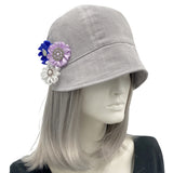 Polly Cloche cap in gray linen with ribbon flowers  front view