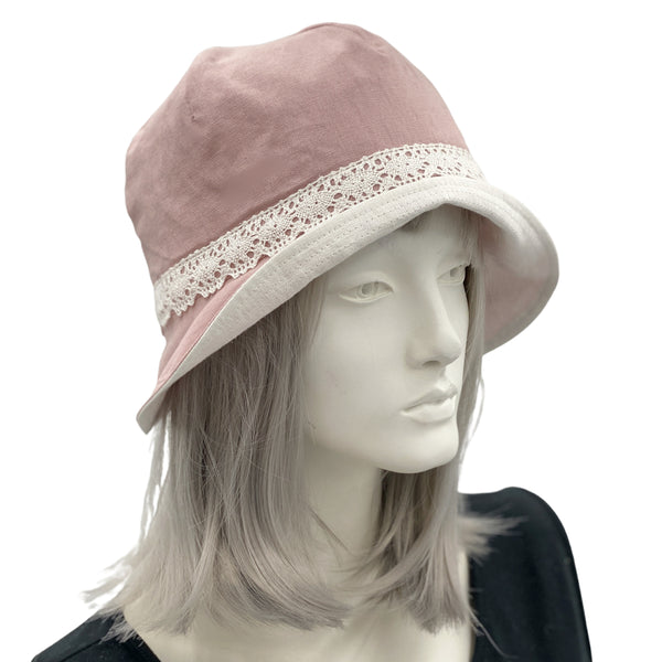 Ladies Dusky Pink Linen and White Lace Cloche Hat