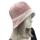 Ladies Dusky Pink Linen and White Lace Cloche Hat