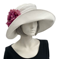 White Linen Handmade Derby hat with large pinky purple peony style brooch Summer Hats Women front view
