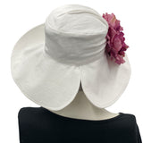 White Linen Handmade Derby hat with large pinky purple peony style brooch Summer Hats Women rear view