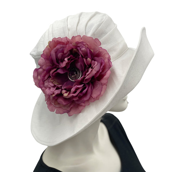 White Linen Handmade Derby hat with large pinky purple peony style brooch Summer Hats Women