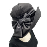 Couture Black linen derby hat with satin band and bow Handmade 