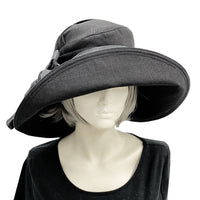 Couture wide brim  Black linen derby hat with satin band and bow Handmade 