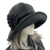 Black Wide brim winter fleece cloche hat women, handmade Boston Millinery