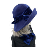 Navy Blue fleece wide brim Derby Hat handmade with velvet hat band Sid eview