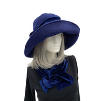 Navy Blue fleece wide brim Derby Hat handmade with velvet hat band front view
