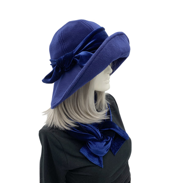 Navy Blue fleece wide brim Derby Hat handmade with velvet hat band 