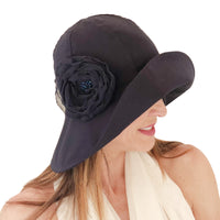 Linen Derby Hat Boston Millinery with chiffon rose brooch