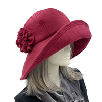 Wine Wide brim winter fleece cloche hat women, handmade Boston Millinery