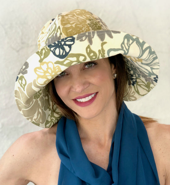 Wide Brim Cloche Hat in Botanical Print Cotton | The Derby