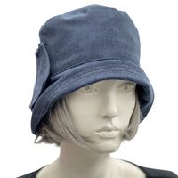 Blue rain hat in shower proof blue fabric Boston Millinery side front view 