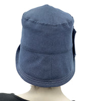 Blue rain hat in shower proof blue fabric Boston Millinery rear view 