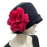 Eleanor wide front Brim black velvet cloche hat women with large pink peony flower brooch 