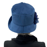 Blue velvet cloche Hat from Boston Millinery with hydrangea brooch rear view