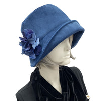 Blue velvet cloche Hat from Boston Millinery with hydrangea brooch side view
