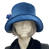 Blue velvet cloche Hat from Boston Millinery with hydrangea brooch front view