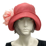 Eleanor Coral Linen pale coral peony brooch  wide front brim cloche hat women  Boston Millinery  front view