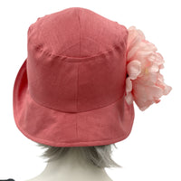 Eleanor Coral Linen pale coral peony brooch  wide front brim cloche hat women  Boston Millinery rear view