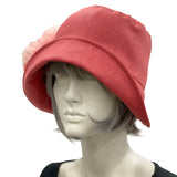 Eleanor Coral Linen pale coral peony brooch  wide front brim cloche hat women  Boston Millinery  side view