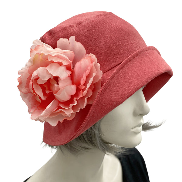 Eleanor Coral Linen with pale coral peony brooch  wide front brim cloche hat women  Boston Millinery 