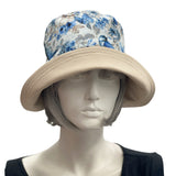 Floral Summer Sun Hat in Beige and Blue with a wide front brim Vintage inspired 