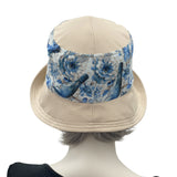 Floral Summer Sun Hat in Beige and Blue with a wide front brim rear view Boston Millinery