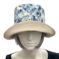 Floral Summer Sun Hat in Beige and Blue with a wide front brim Boston Millinery