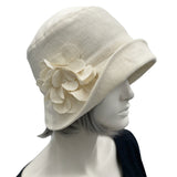 Eleanor Cream linen wide front brim cloche hat with hydrangea linen flower brooch  handmade Boston Millinery  side flower view