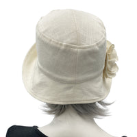 Vintage inspired 1920s flapper Eleanor Cream linen wide front brim cloche hat with hydrangea linen flower brooch  handmade Boston Millinery rear view