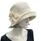 Eleanor Cream linen wide front brim cloche hat with hydrangea linen flower brooch  handmade Boston Millinery 