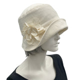 Eleanor Cream linen wide front brim cloche hat with hydrangea linen flower brooch  handmade Boston Millinery 