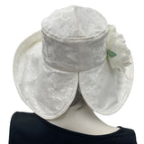 Eleanor Derby Brim damask fabric with large white peony brooch cloche hat women open brim rear view