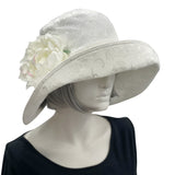Eleanor Derby Brim damask fabric with large white peony brooch cloche hat women 
